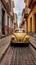 A yellow car is parked on a cobblestone street. Generative AI image.