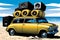 Yellow car with powerful audio speakers on the sea beach