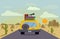 Yellow car track with luggages and telescope on top driving to desert at sunset, moving along the road at desert landscape, go to