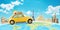 Yellow car travel across the world. Concept of travel and vacation around the world