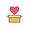 Yellow cardboard Box with Red Heart vector icon or sign