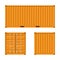 Yellow Cargo Container for shipping and sea export isolated on white background. Front, back and side view. Logistics