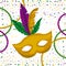 Yellow carnival mask and colorful feathers and necklaces with confetti background