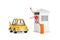 Yellow Cartoon Car in Front of Opened Road Car Barrier and Security Zone Booth with Security Sign. 3d Rendering