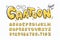 Yellow cartoon font or comic doodle alphabet & number set