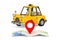 Yellow Cartoon Taxi Car near Folded Abstract Navigation Map with Target Map Pointer Pin. 3d Rendering