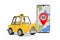 Yellow Cartoon Taxi Car near Modern Mobile Phone with Taxi Service Application. 3d Rendering