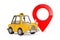 Yellow Cartoon Taxi Car with Red Map Pointer Target Pin. 3d Rendering