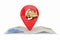 Yellow Cartoon Taxi Car with Red Map Pointer Target Pin over Abstract Map. 3d Rendering