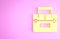 Yellow Case or box container for wobbler and gear fishing equipment icon isolated on pink background. Fishing tackle