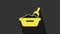 Yellow Cat litter tray with shovel icon isolated on grey background. Sandbox cat with shovel. 4K Video motion graphic