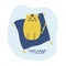 A yellow cat sits on a blue pillow and the handwritten word meow. Cute vector illustration on a free-form blue