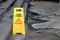 Yellow caution cleaning progress sign on the floor outdoors