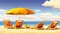 Yellow chaise longue with an umbrella on seashore. Tropical beach on background