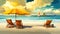 Yellow chaise longue with an umbrella on seashore. Tropical beach on background