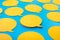 Yellow chat,speech bubble icons on blue color background.Talking and message for social media concepts