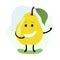 Yellow cheerful pear laughs on a green background.