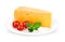 Yellow cheese in plate with tomatoes and leaf