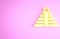 Yellow Chichen Itza in Mayan icon isolated on pink background. Ancient Mayan pyramid. Famous monument of Mexico