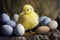 a yellow chick standing next to a group of eggs on a rock surface with a brown background and a few smaller eggs