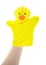 Yellow chicken glove puppet controlled by the hand isolated on white background. Hand puppet toy with hand inside. Soft toy.