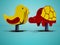 Yellow chicken and red turtle on spring for children 3d render on blue background with shadow