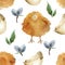 Yellow chickens  eggshells and vegetable elements easter seamless pattern.