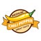Yellow chili pepper pod, badge or logo design. Medium hotness or spiciness level