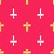 Yellow Christian cross icon isolated seamless pattern on red background. Church cross. Vector