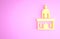 Yellow Church building icon isolated on pink background. Christian Church. Religion of church. Minimalism concept. 3d