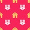 Yellow Church building icon isolated seamless pattern on red background. Christian Church. Religion of church. Vector