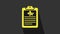 Yellow Clipboard with medical clinical record pet icon isolated on grey background. Health insurance form. Medical check