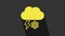 Yellow Cloud with snow and lightning icon isolated on grey background. Cloud with snowflakes. Single weather icon