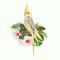 Yellow cockatiel cute tropical bird funny parrot and white hibiscus watercolor style on a white background vintage vector illustr
