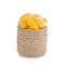 Yellow cocoons in basket on white background