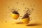 Yellow coffee cups and roasted coffee beans flying on a yellow background. Generative AI