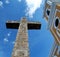 Yellow Colonial Church and Cement Cross Looking Up