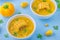 Yellow color cold soup is sweet corn gazpacho