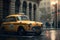 Yellow colored taxi is parked in the modern city near building. Generative AI