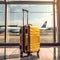 Yellow colored traveler suitcase in airport departure hall Generative AI