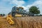 A yellow combine harvests wheat on a field