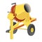 Yellow concrete mixer in cartoon style flat design on white background. Cement-mixer with tipping handle and black