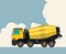 Yellow concrete mixer truck, sky with clouds in background. Banner layout with cement mixer.