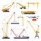 Yellow Construction and Cargo Cranes Collection, Heavy Transportation Service Vehicles and Industrial Elevating