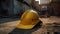 Yellow construction crane on a background of a construction site. In the foreground.