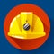 Yellow construction worker helmet with flashlight icon. Flat design style.