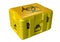 Yellow contaminated medical biohazard box awaiting disposal isolated over white background