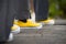 Yellow converse sneakers with grey slacks at a wedding