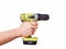 Yellow cordless screwdriver in hand