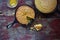 Yellow Cornbread in cast iron skillet on rustic wood table closeup top view with copy space